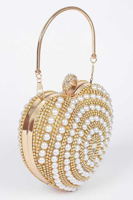 Posh Pearl Heart Designed Top Handle Clutch