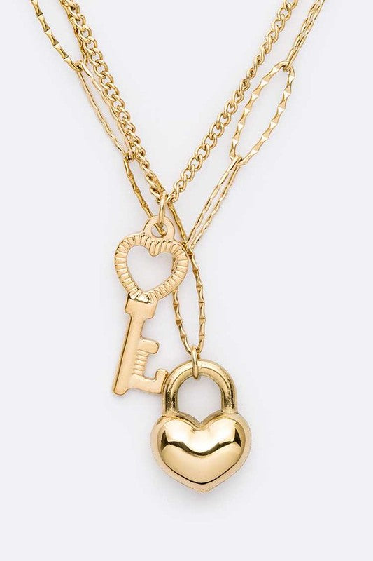 Heart & Key Pendant Necklace Set