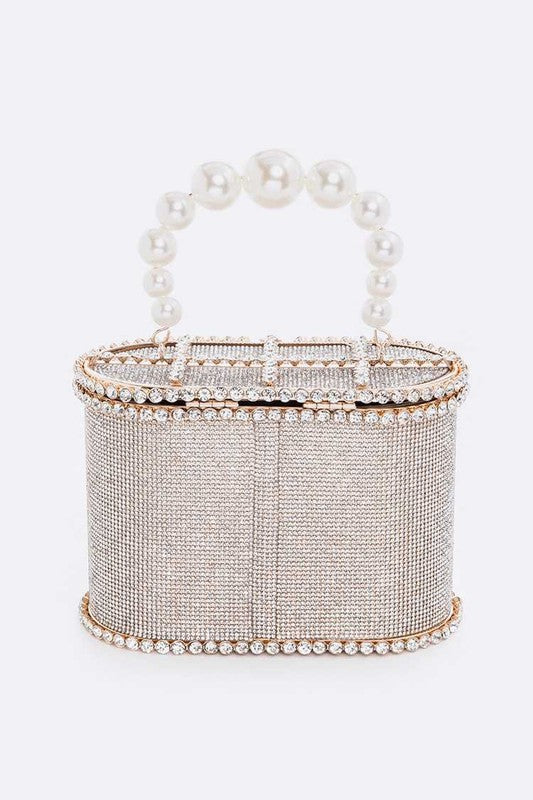 Iconic Rhinestone Box Clutch with Pearl Handle