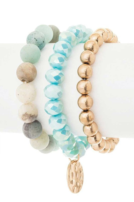 Hammered Charm Mixed Beads Stretch Bracelet Set