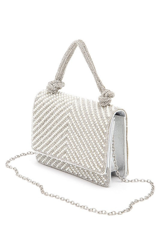 Chevron Pearl & Rhinestone Handle Clutch Bag