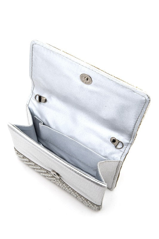 Chevron Pearl & Rhinestone Handle Clutch Bag