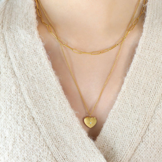 Double Layered Heart Charm Pendant Necklace