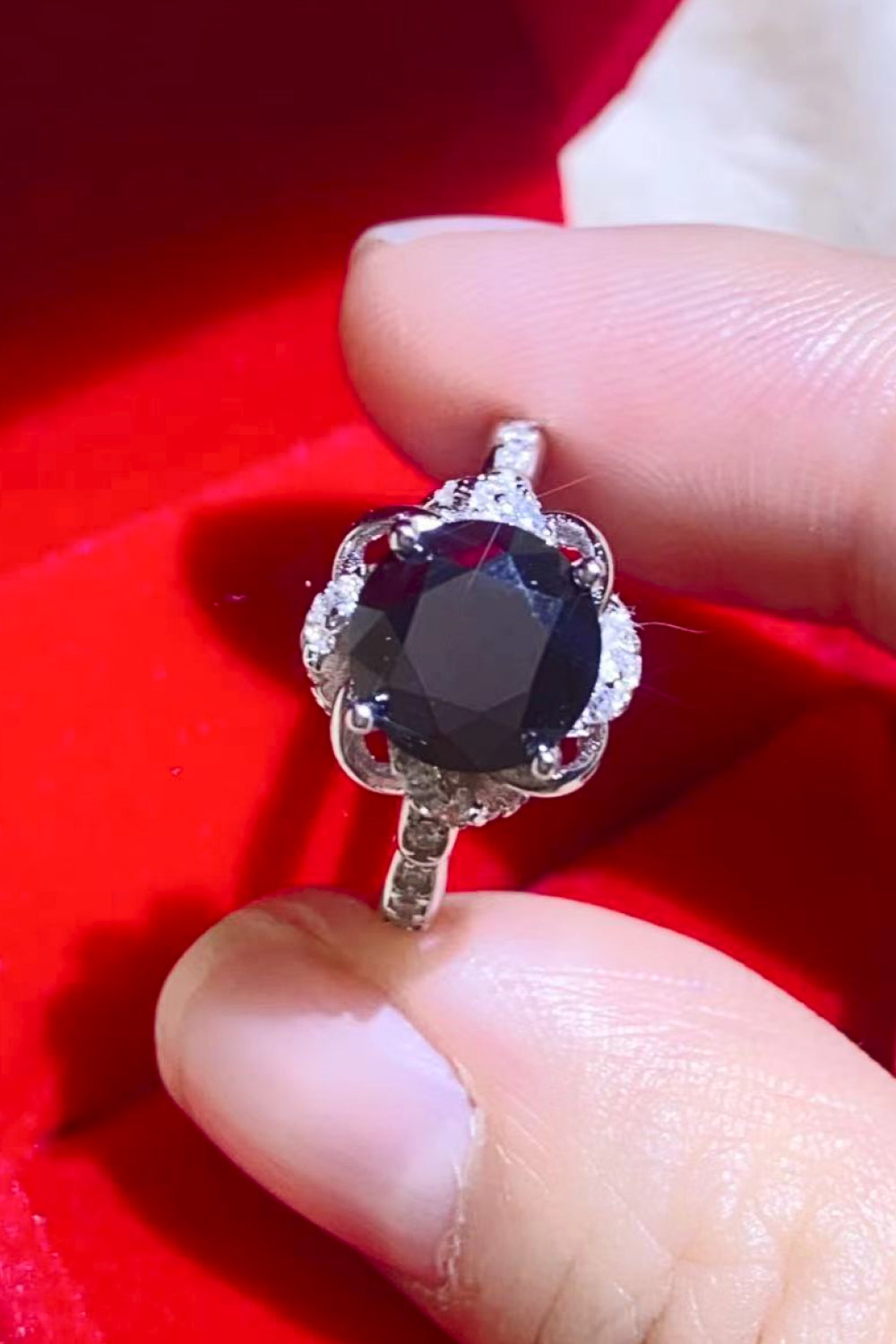 Ebony Blossom Moissanite Ring in Platinum Plated Silver