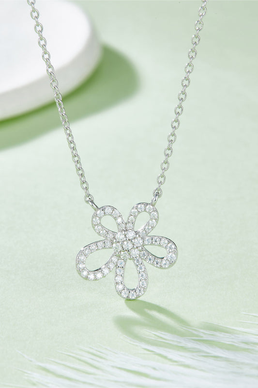 Moissanite Flower Pendant Necklace in 925 Sterling Silver and Platinum Plating