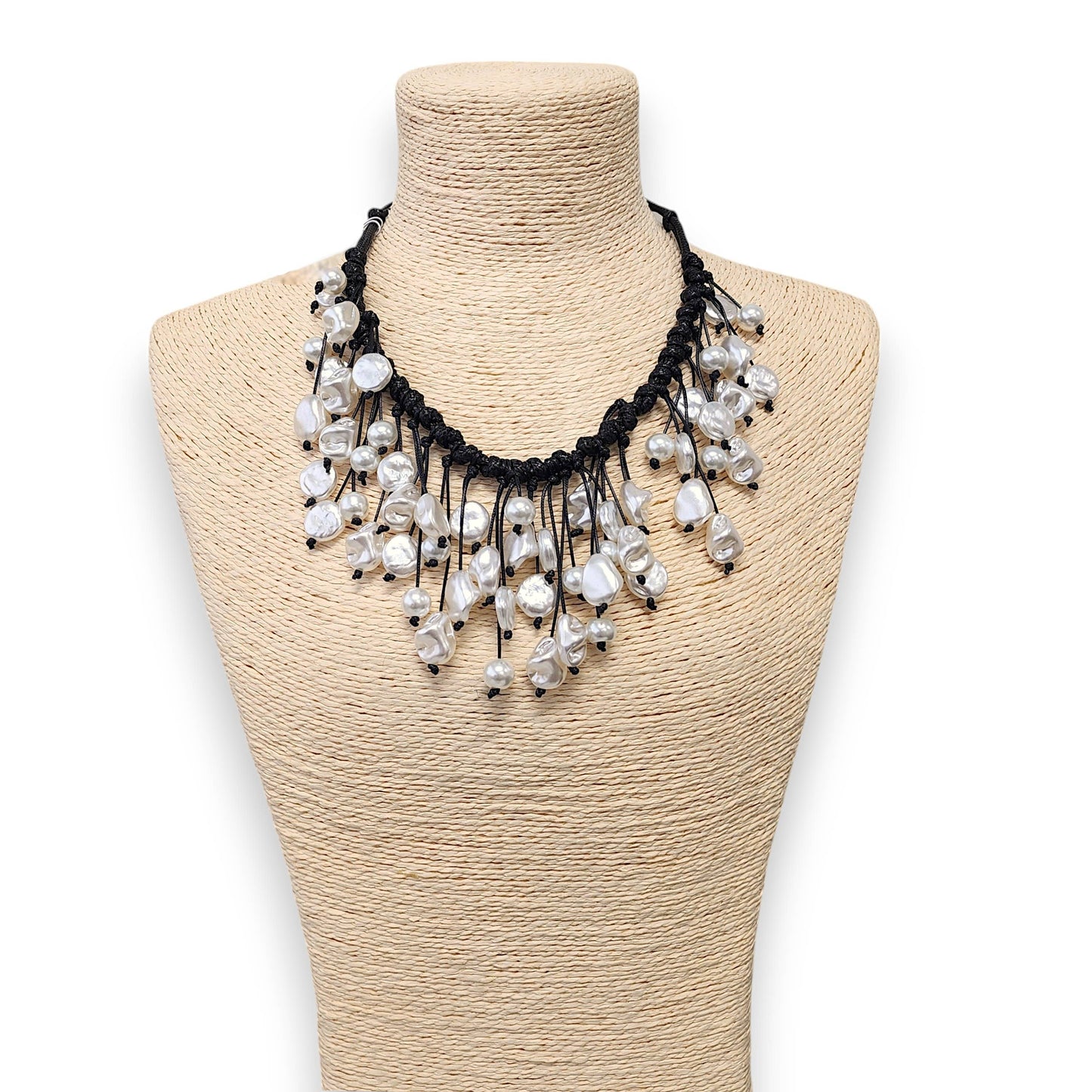 Handmade Coastal Pearl Bib Necklace with Leather Cord