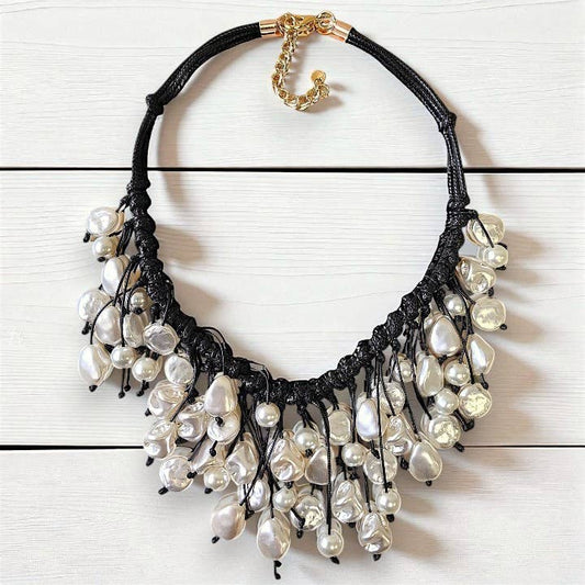 Handmade Coastal Pearl Bib Necklace with Leather Cord