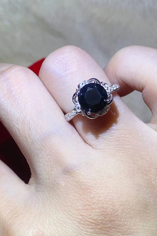 Ebony Blossom Moissanite Ring in Platinum Plated Silver