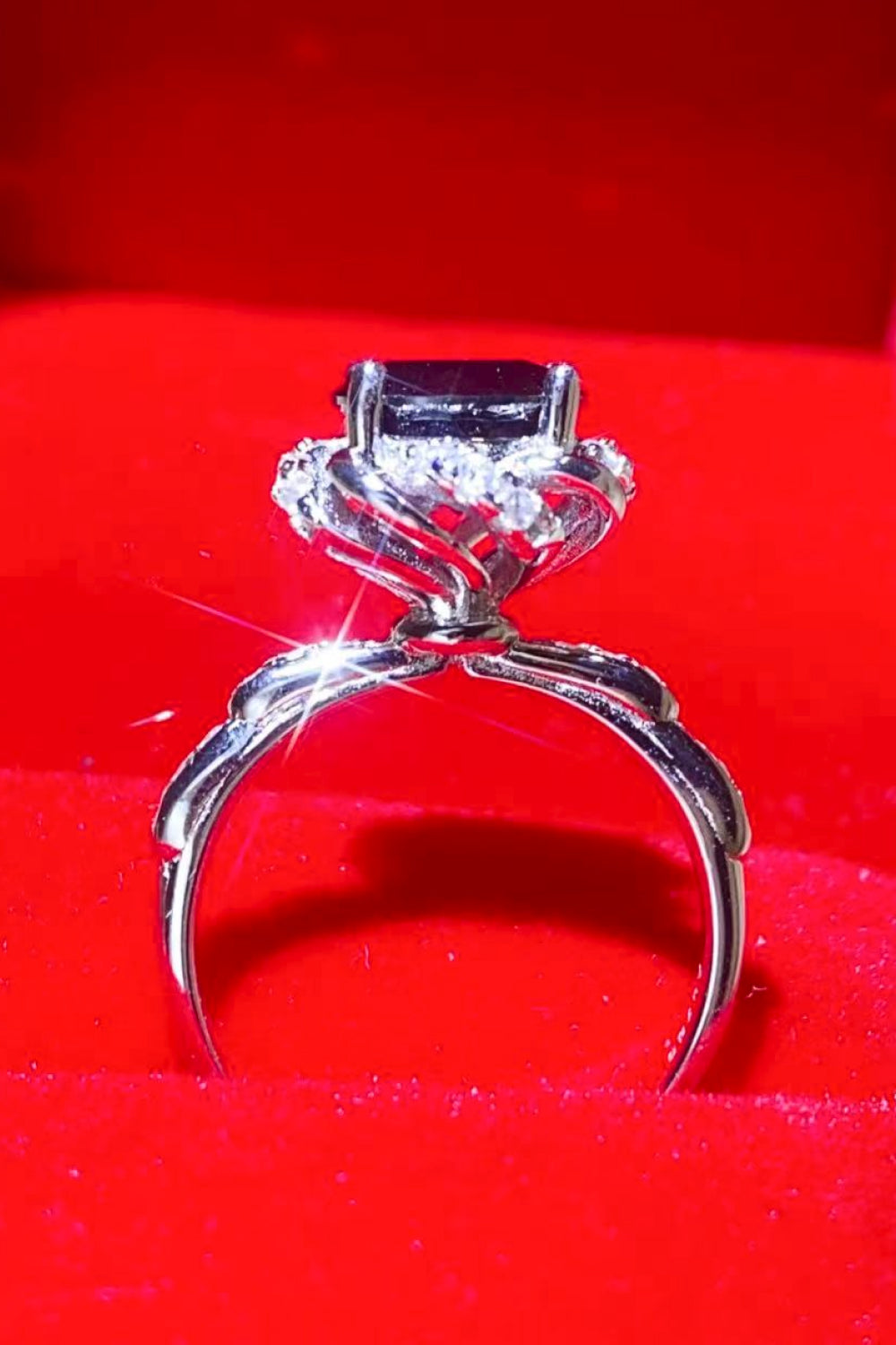 Ebony Blossom Moissanite Ring in Platinum Plated Silver
