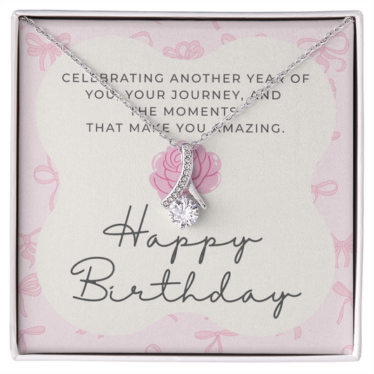 Pink Coquette Birthday Necklace Card | Feminine CZ Pendant Gift | Bow & Rose Birthday Jewelry | Made-to-Order