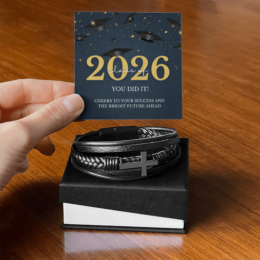 Class of 2026 Graduation Gift for Him | Men's Cross Leather Bracelet with Meaningful Message Card | Charm & Dazzle