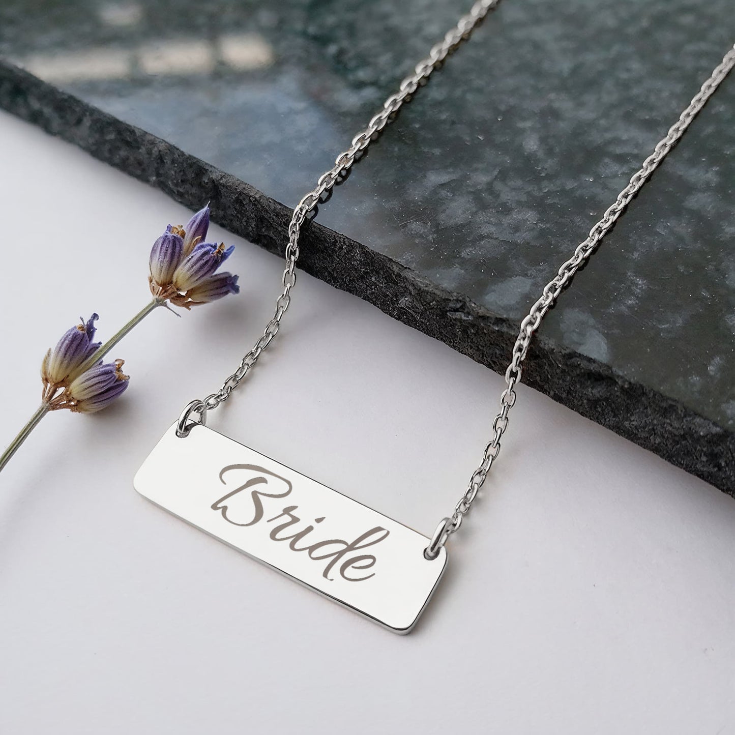Bride Engraved Horizontal Bar Necklace by Charm & Dazzle