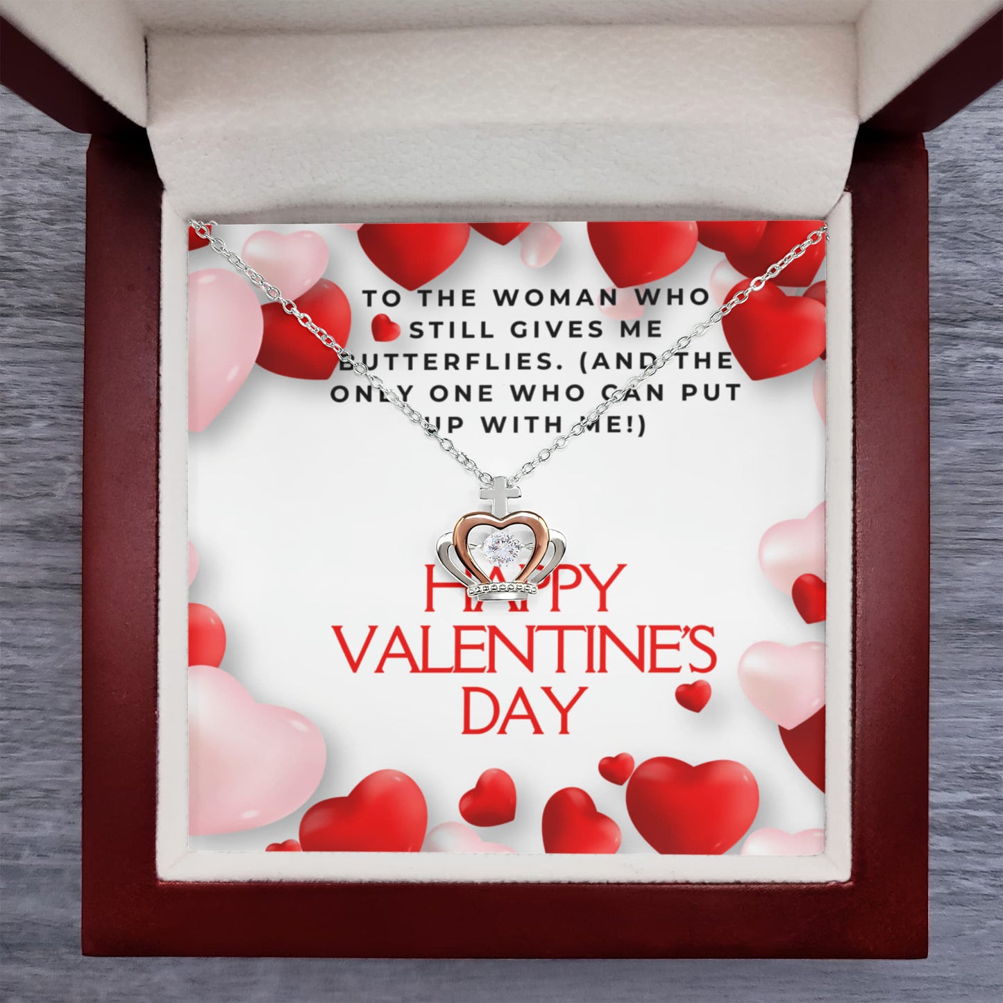 Still Giving Me Butterflies | Crown Pendant Necklace | Message Card Jewelry Gift Box | Witty Valentine's Gift for Her