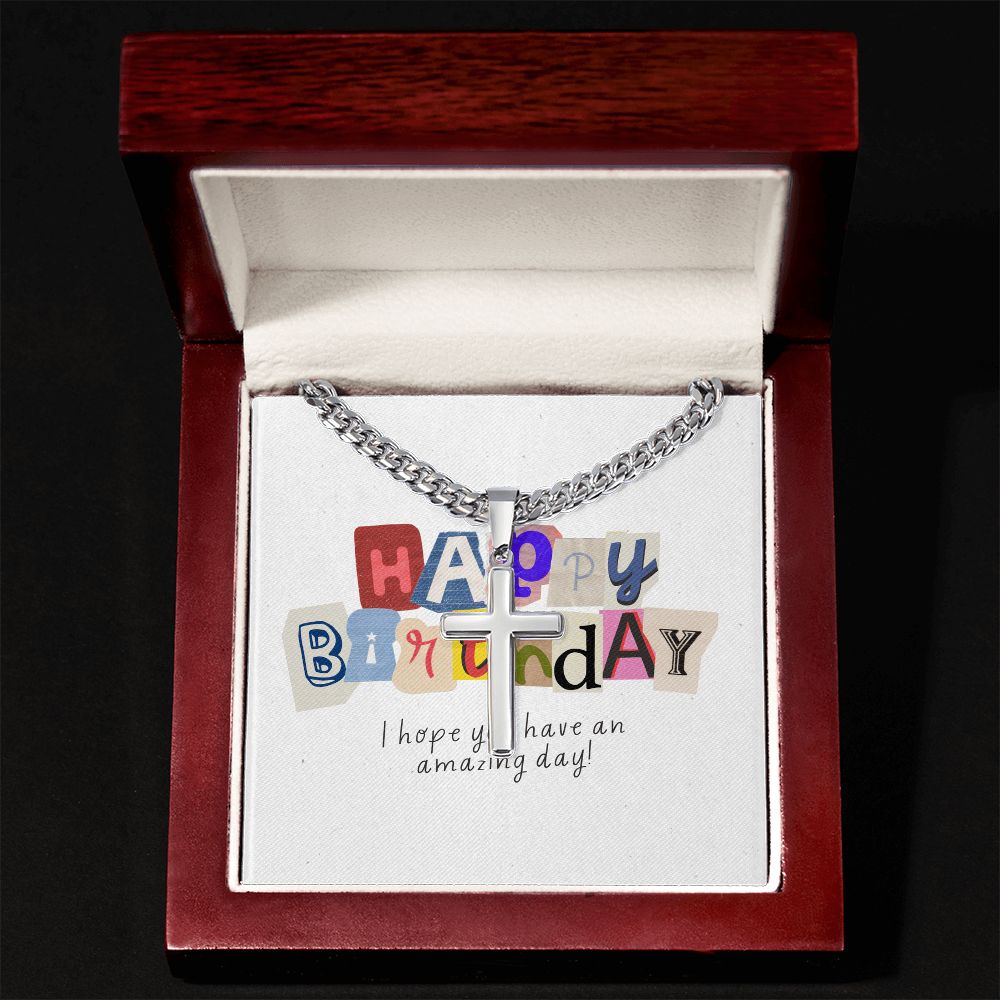Happy Birthday Gift | Cuban Link Chain with Artisan Cross | Card Message Jewelry Box