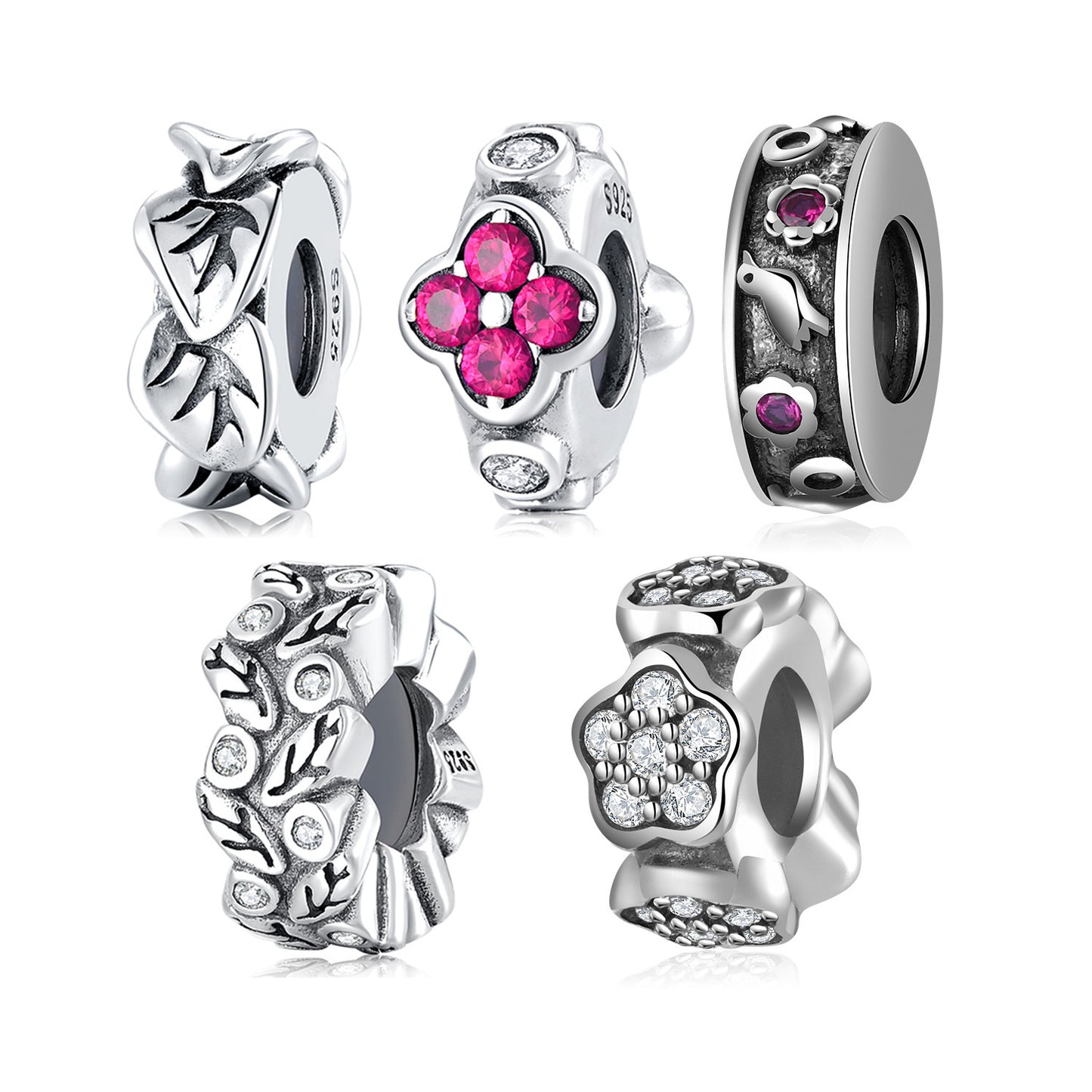 925 Sterling Silver Floral Spacer Beads with Crystals