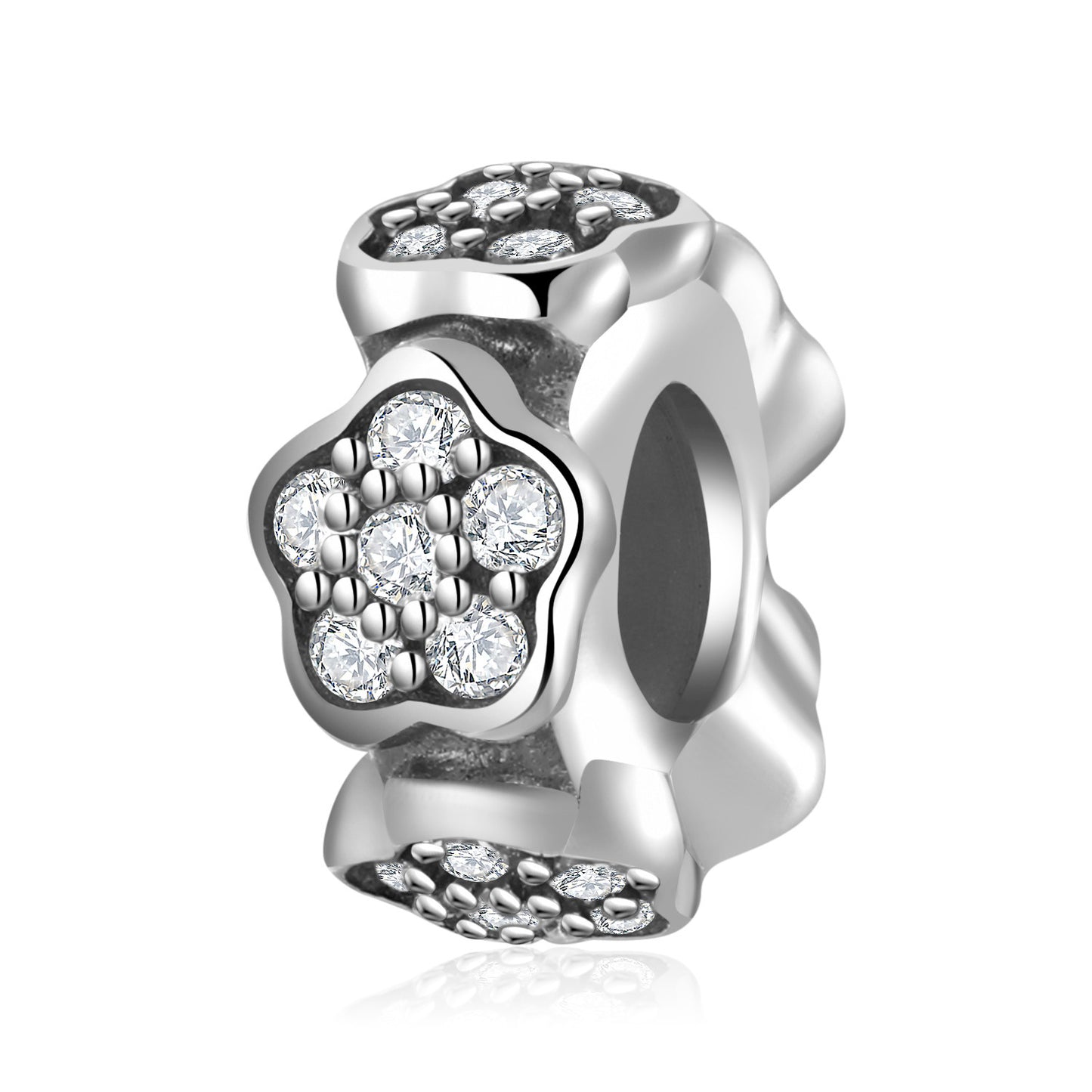 925 Sterling Silver Floral Spacer Beads with Crystals