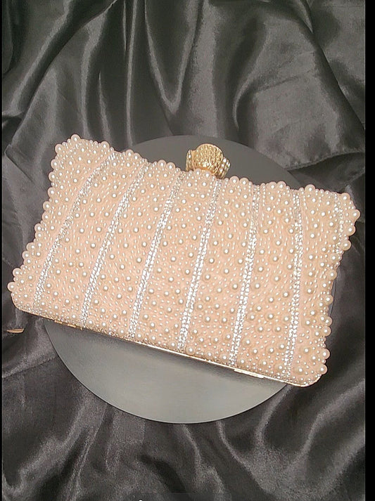 Champagne Pearl & Rhinestone Evening Clutch