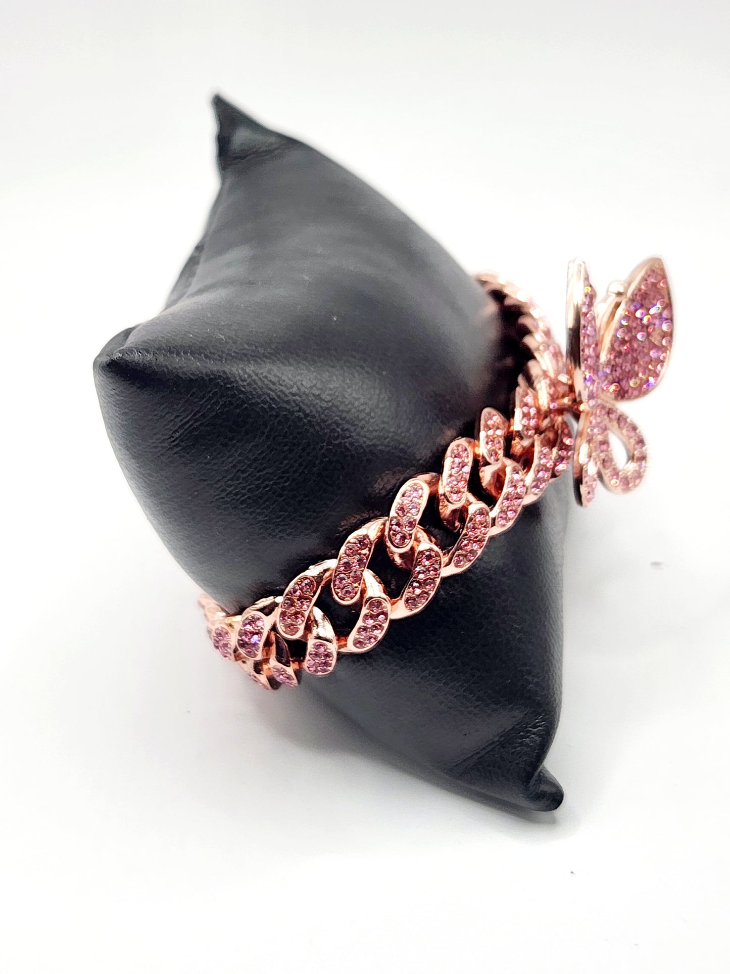 Dazzling Pink Rhinestone Butterfly Cuban Link Bracelet
