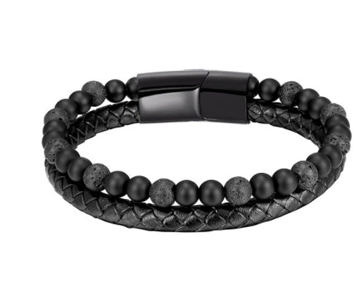 Leather & Lava Natural Stone Men's Bracelet