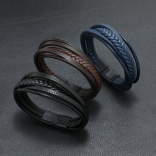 Multi Layer Leather Rope Bracelet with Magnetic Closure