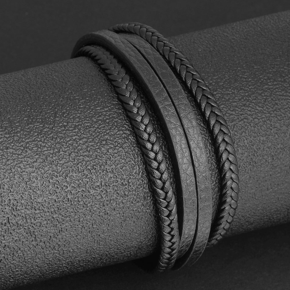 Stainless Steel Triple Layer Braided Leather Bracelet