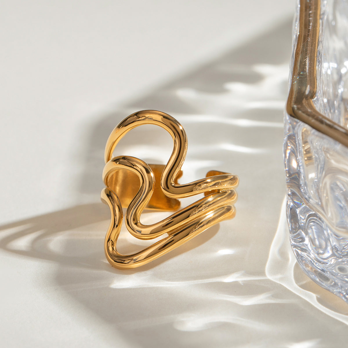 Abstract 18K Gold Plated Corrugated Open Ring