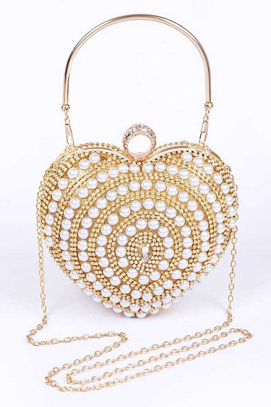 Posh Pearl Heart Designed Top Handle Clutch
