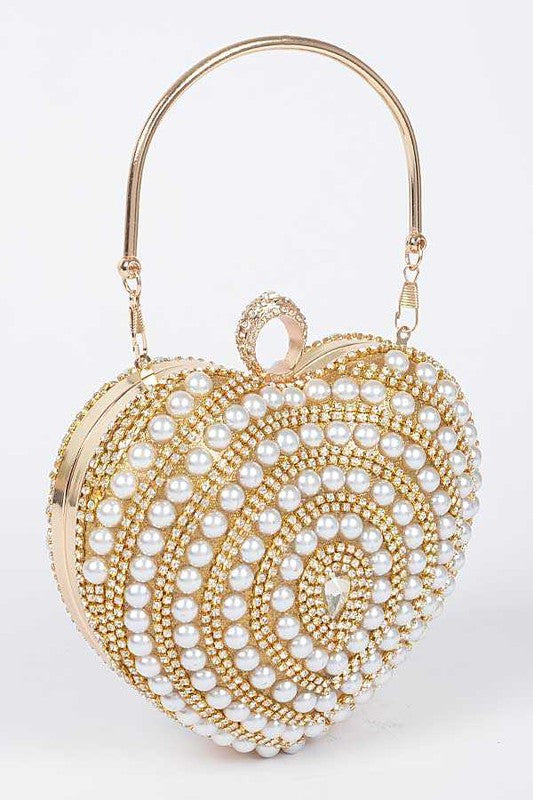 Posh Pearl Heart Designed Top Handle Clutch