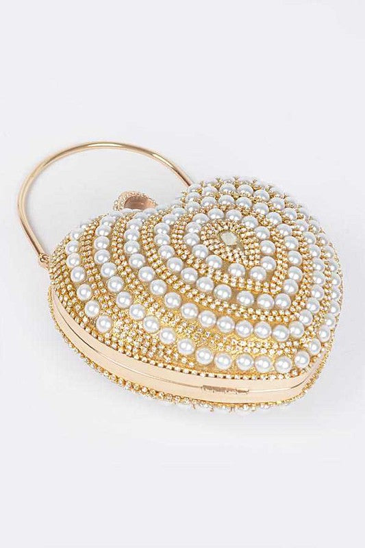 Posh Pearl Heart Designed Top Handle Clutch