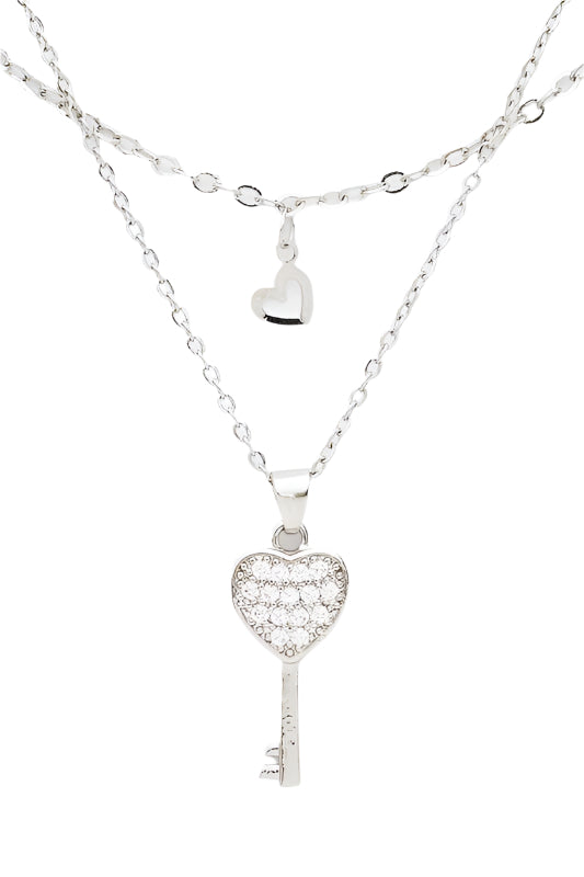 Layered Heart & Key Pendant Necklace