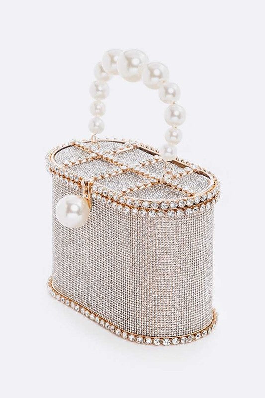 Iconic Rhinestone Box Clutch with Pearl Handle