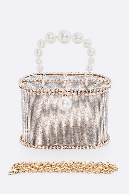 Iconic Rhinestone Box Clutch with Pearl Handle