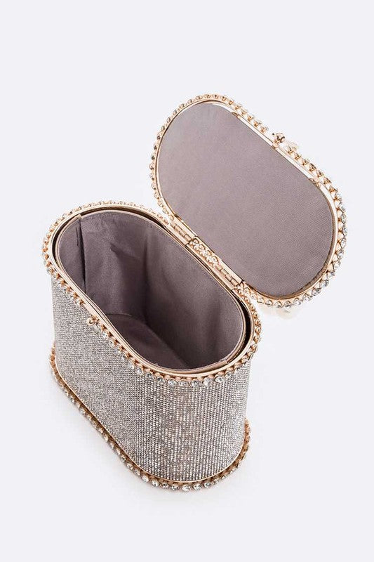 Iconic Rhinestone Box Clutch with Pearl Handle