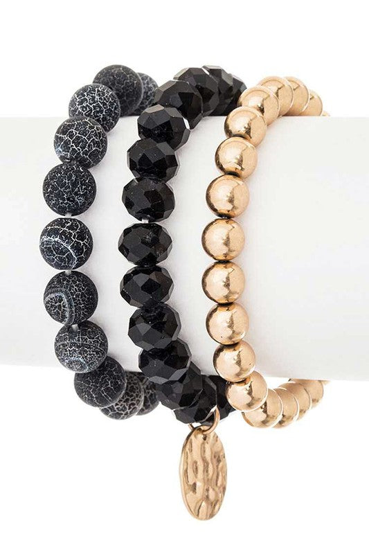 Hammered Charm Mixed Beads Stretch Bracelet Set