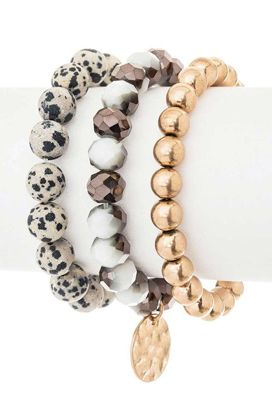 Hammered Charm Mixed Beads Stretch Bracelet Set