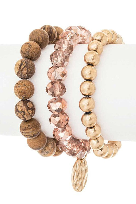 Hammered Charm Mixed Beads Stretch Bracelet Set