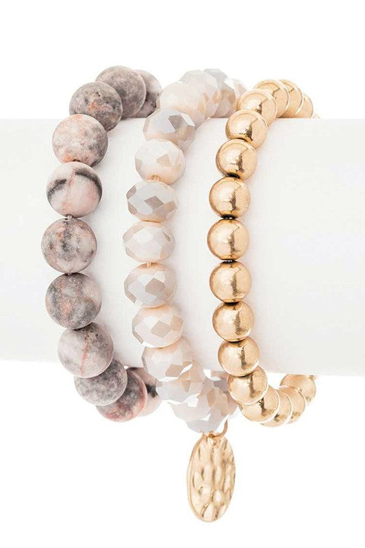 Hammered Charm Mixed Beads Stretch Bracelet Set