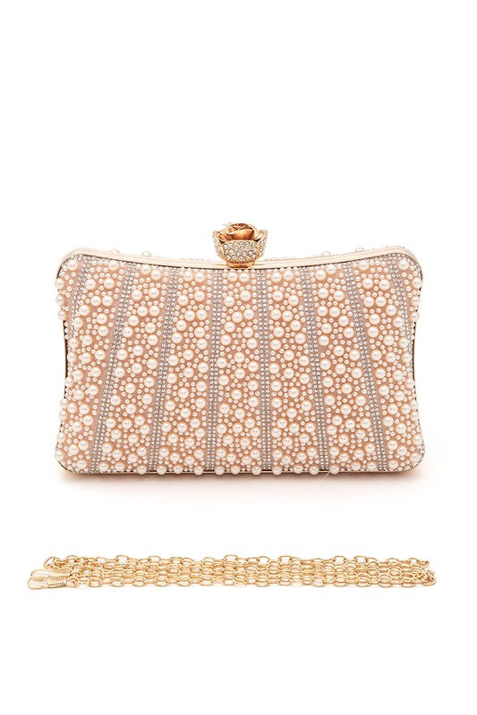 Champagne Pearl & Rhinestone Evening Clutch