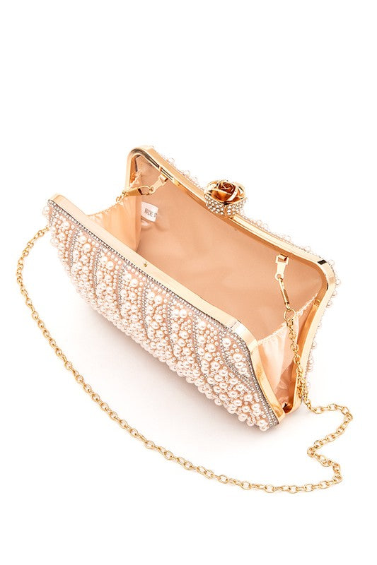 Champagne Pearl & Rhinestone Evening Clutch