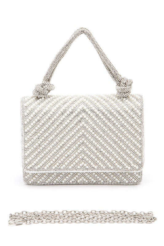 Chevron Pearl & Rhinestone Handle Clutch Bag