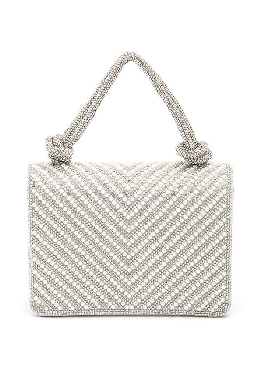 Chevron Pearl & Rhinestone Handle Clutch Bag