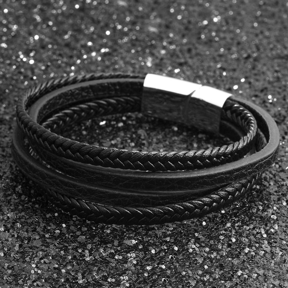 Stainless Steel Triple Layer Braided Leather Bracelet