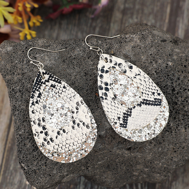 Snake Print Leather & Sequin Drop Earrings