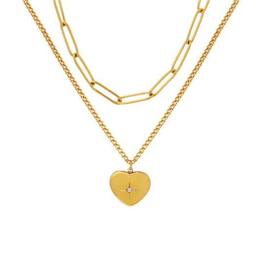 Double Layered Heart Charm Pendant Necklace