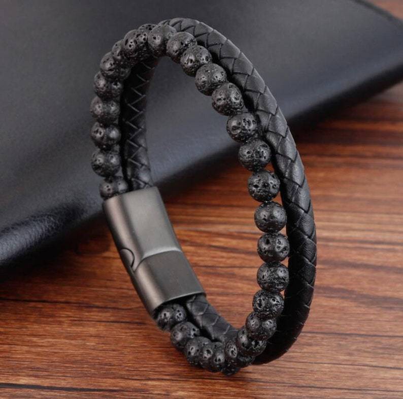 Leather & Lava Natural Stone Men's Bracelet