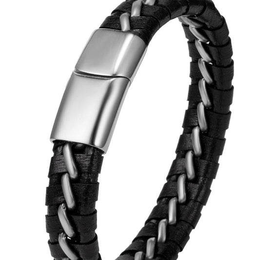 Woven Leather Bracelet with Stainless Steel Closure