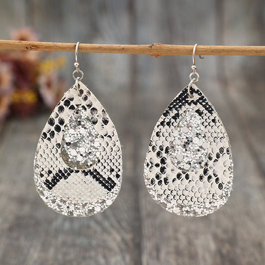 Snake Print Leather & Sequin Drop Earrings