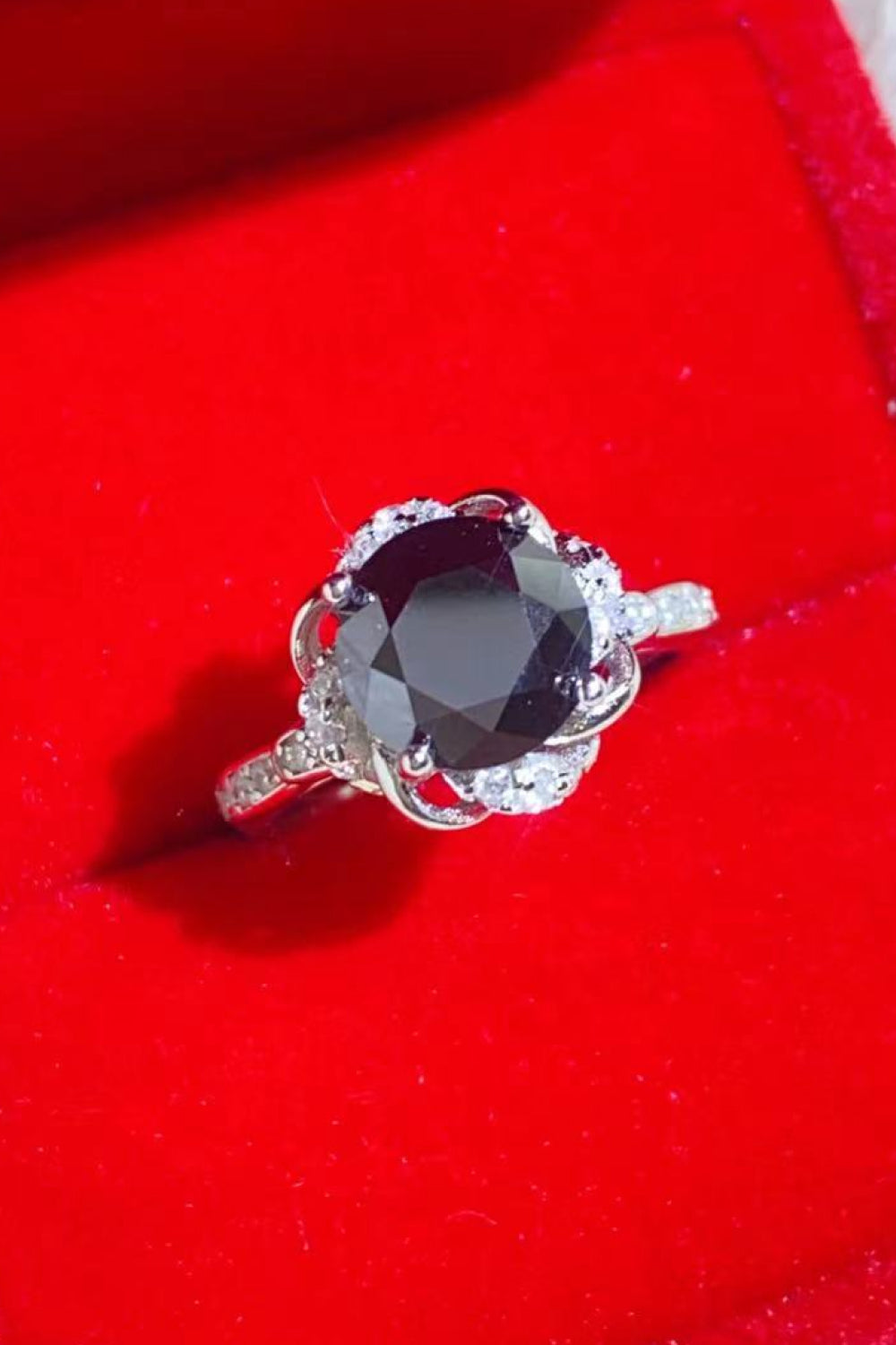 Ebony Blossom Moissanite Ring in Platinum Plated Silver