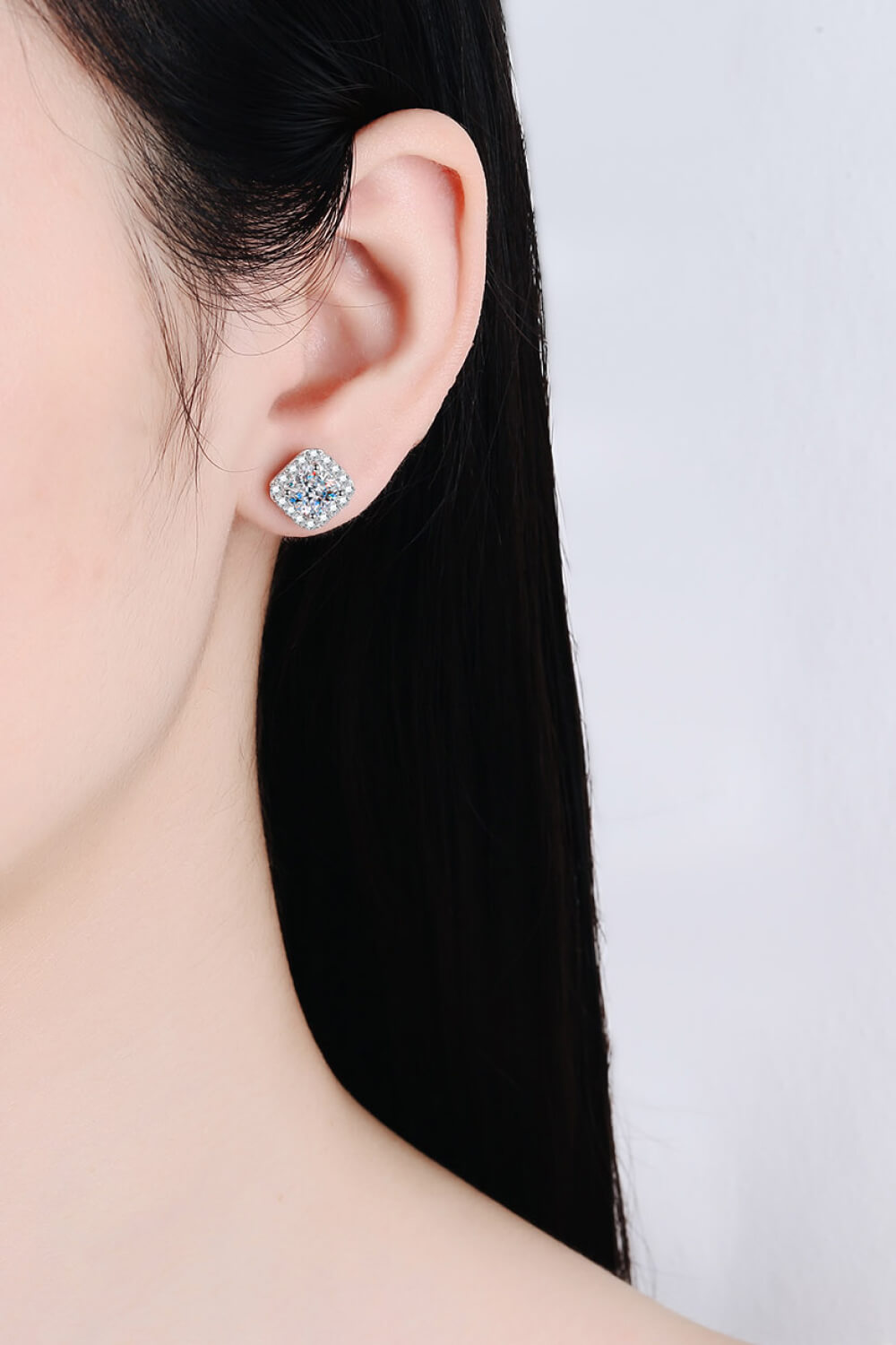 Inlaid Moissanite & Zircon Square Stud Earrings 925 Sterling Silver