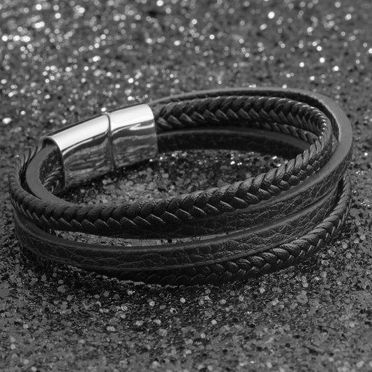 Stainless Steel Triple Layer Braided Leather Bracelet
